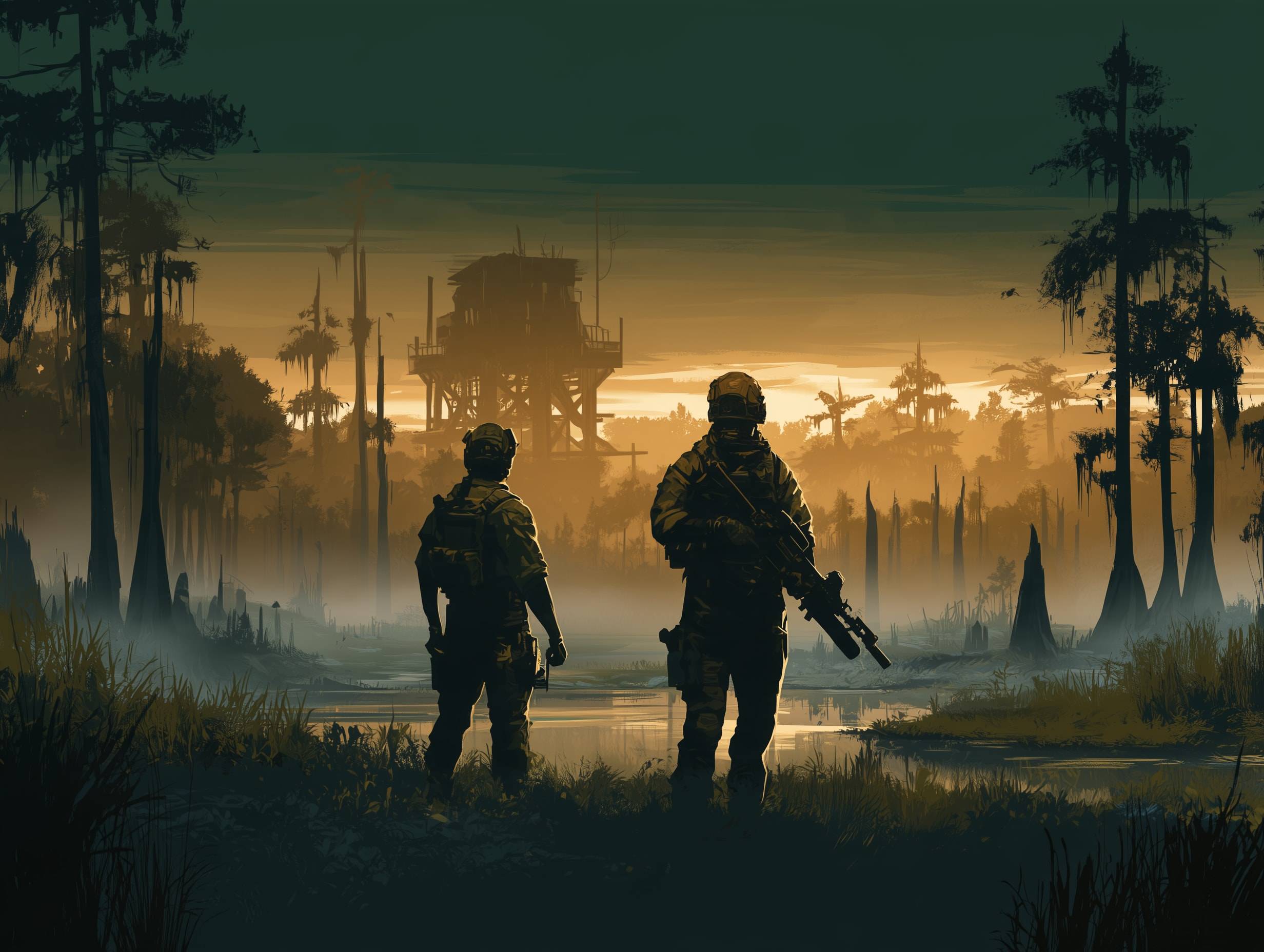 Two soldiers in tactical gear facing a misty marsh and an old wooden watchtower at dusk.