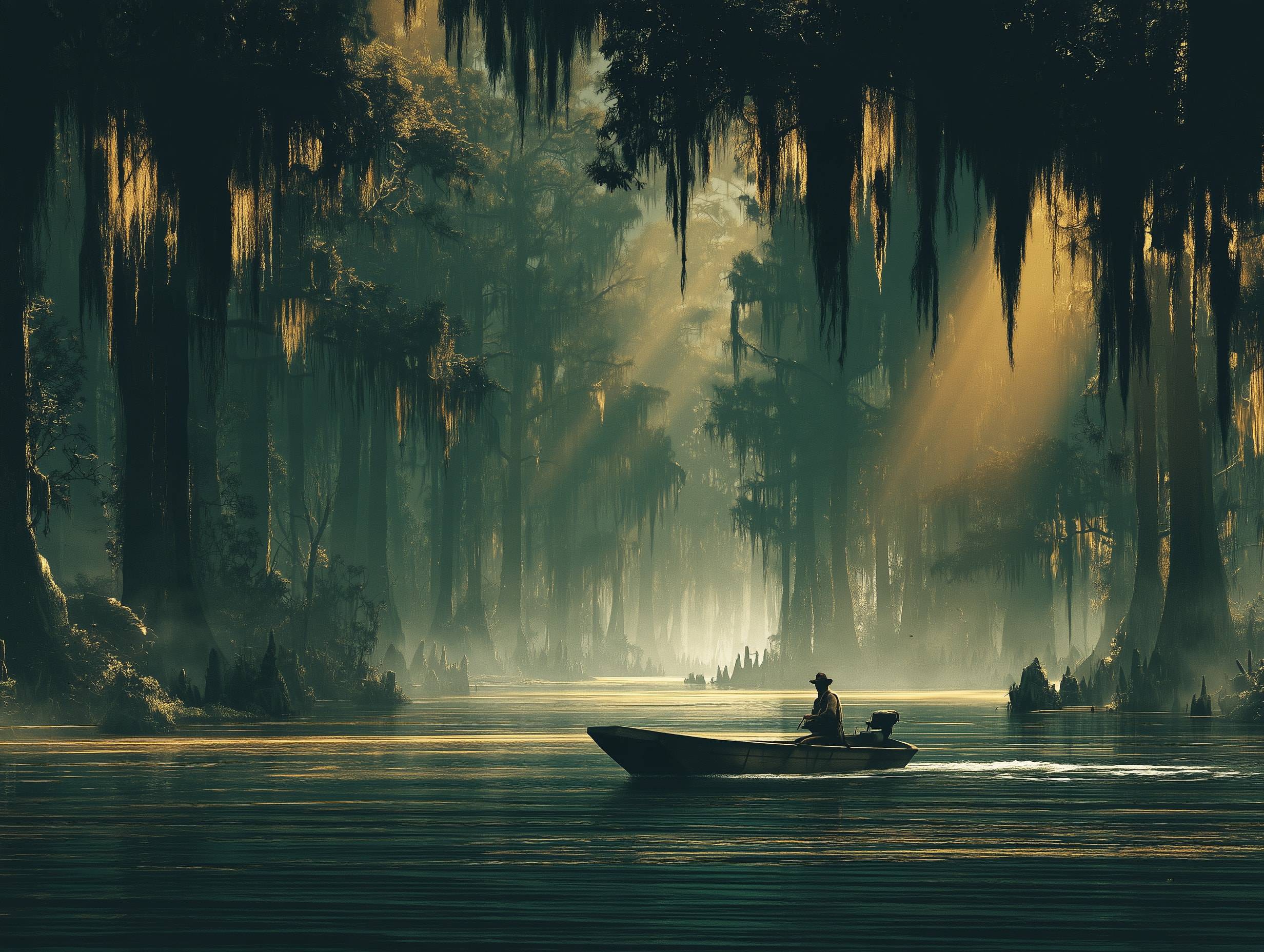 A lone boater drifting through a cypress swamp as sunbeams cut through hanging moss.