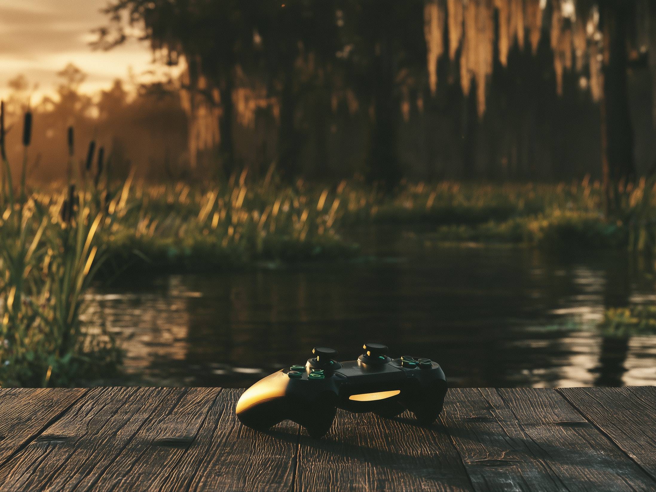 A game controller resting on a weathered dock beside a bayou at golden hour.